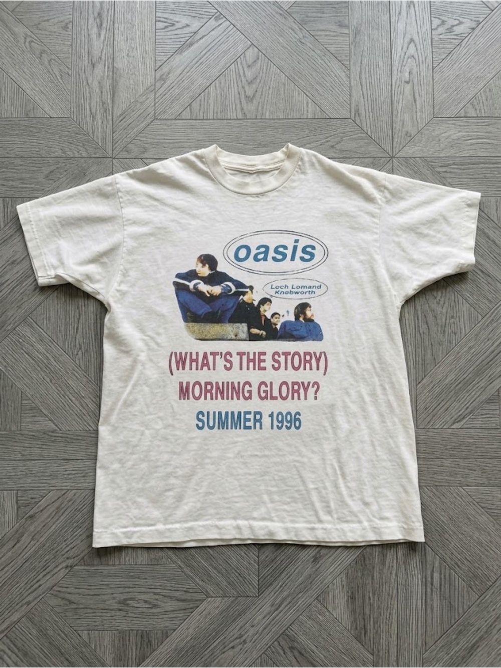 Oasis White Tee with Blue and Pink Tour Graphic